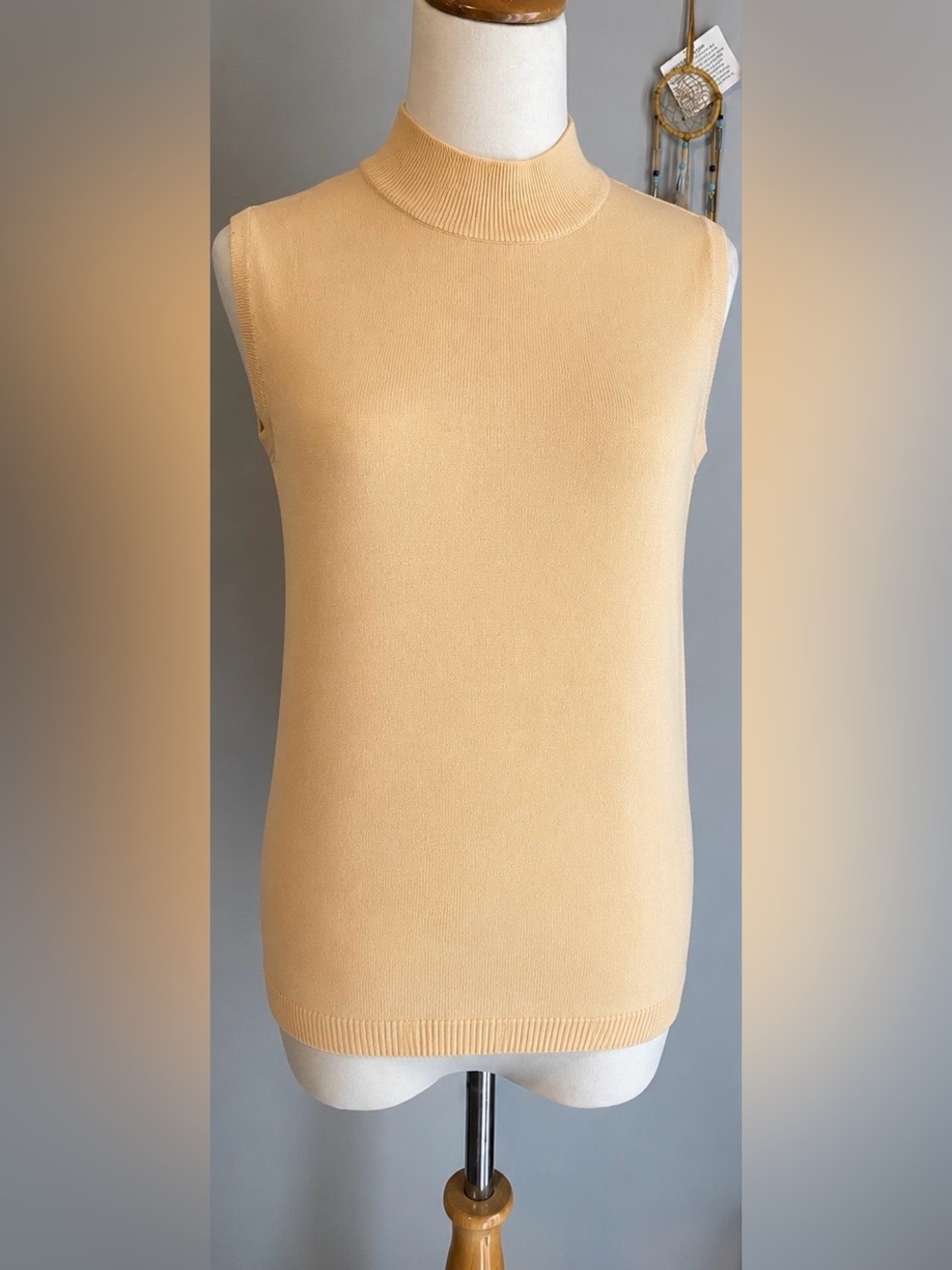 100% Cotton Sleeveless Mock Neck Knit Sweater Vest - Beige